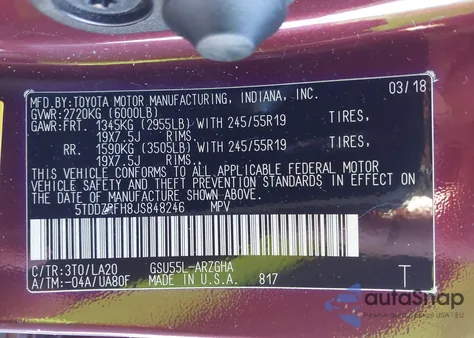 2018 Toyota Highlander Limited z USA, uszkodzony, nr VIN 5TDDZRFH8JS848246